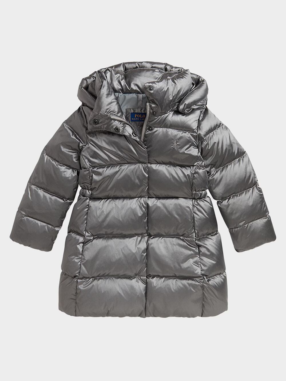 Polo Ralph Lauren Girls Metallic Down Hooded Long Jacket Gray Size 3T NWT